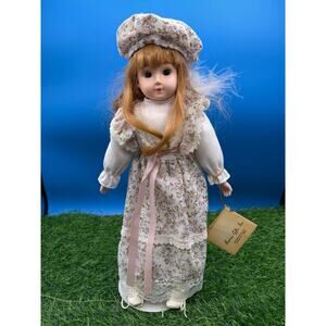 Beatrice Gifts Inc. Vintage Porcelain Doll in Floral Mop Cap - 14.5” Tall